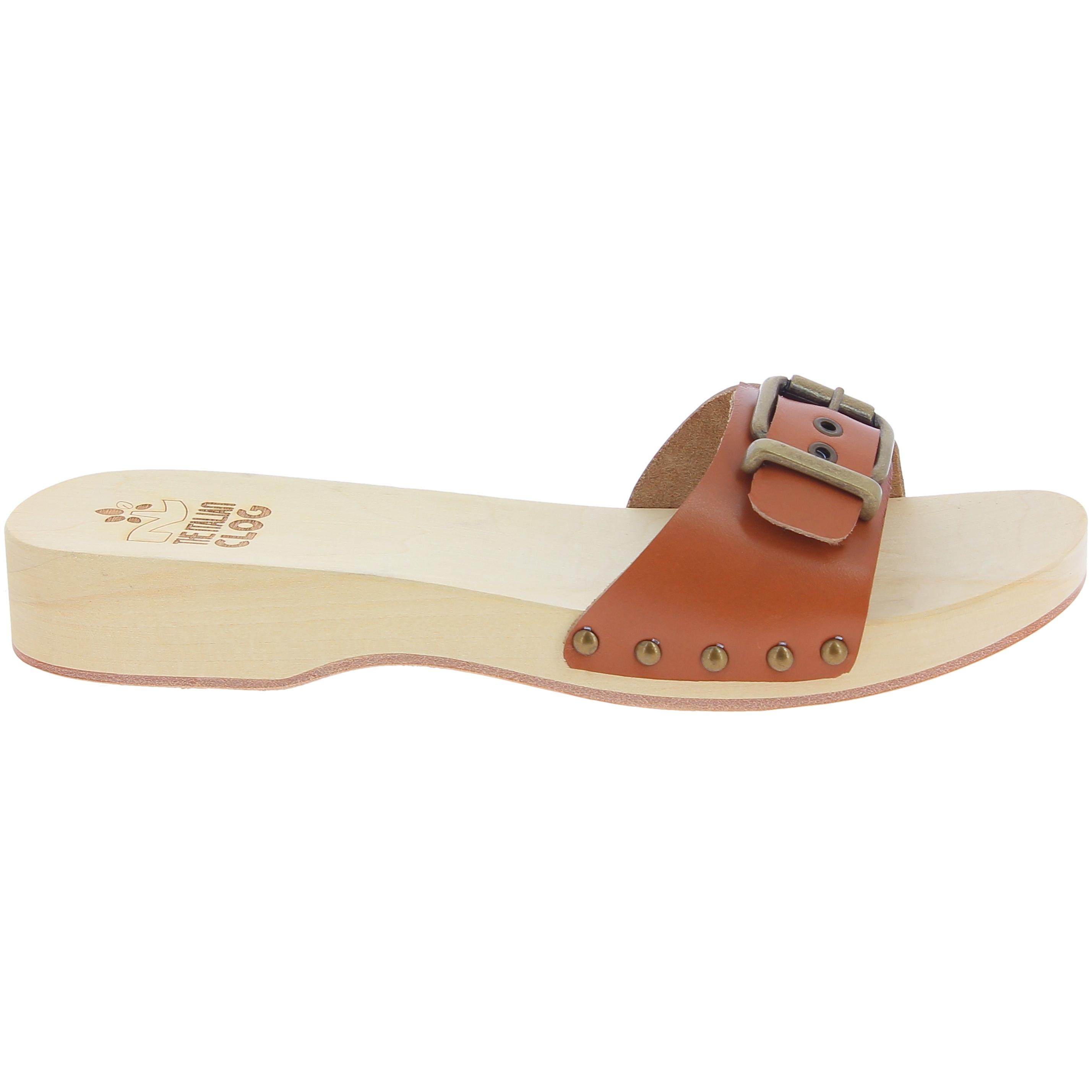 Handmade men's wooden clog sandals with adjustable tan leather band